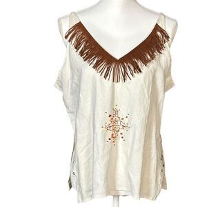 Vintage Sleeveless Top Size XL Beige White Boho Fringe Beads Western Festival